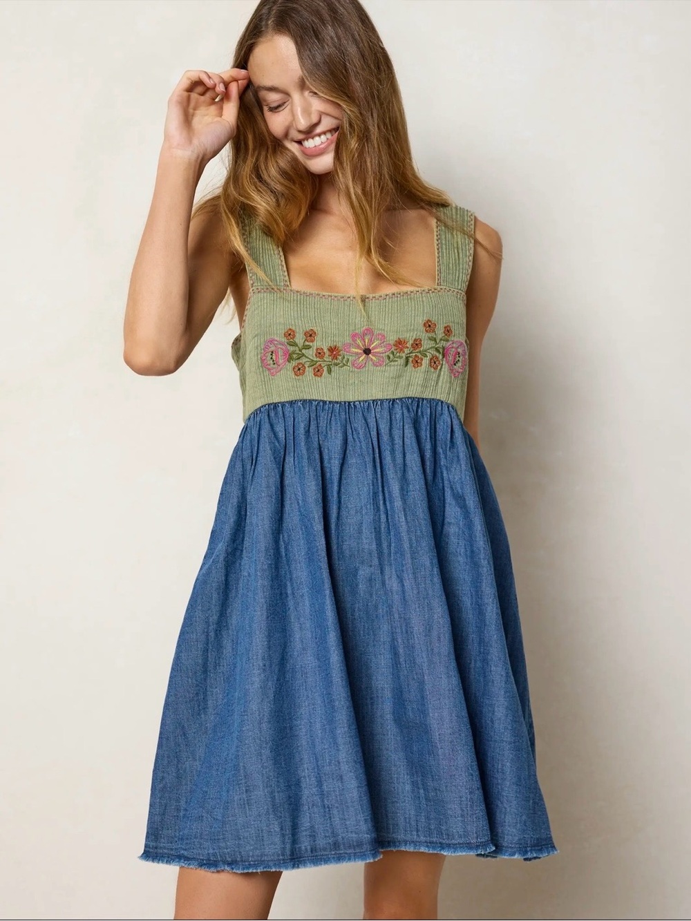 NATURAL LIFE Tricia Embroidered Mini Dress in Green and Denim